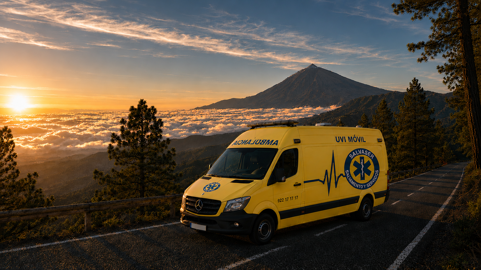 Ambulancia amarilla de SALVASER en una carretera costera de Tenerife